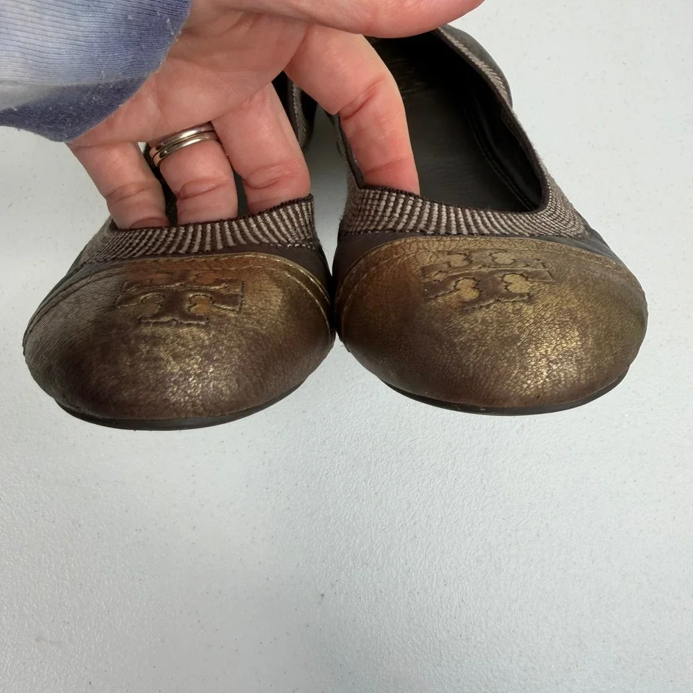 Tory Burch Sz 8.5 Gabby Ballet Flats Gun Metal Leather Gold‎ Cap Toe Logo Shoes